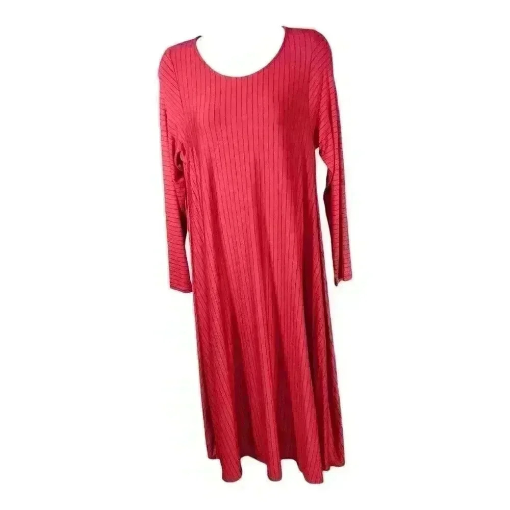 Comfy USA Midi Dress Red Women's Small Long Sleeve Modal Relaxed Fit Striped